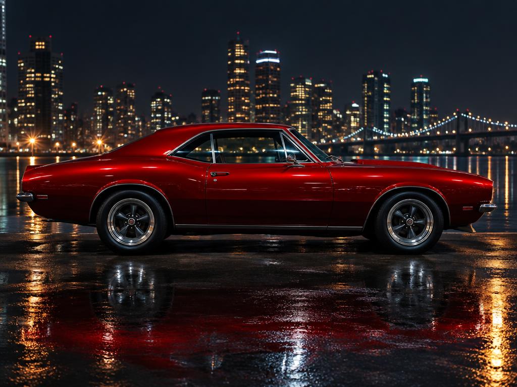 Illustrative red two-door muscle coupe on wet asphalt at night