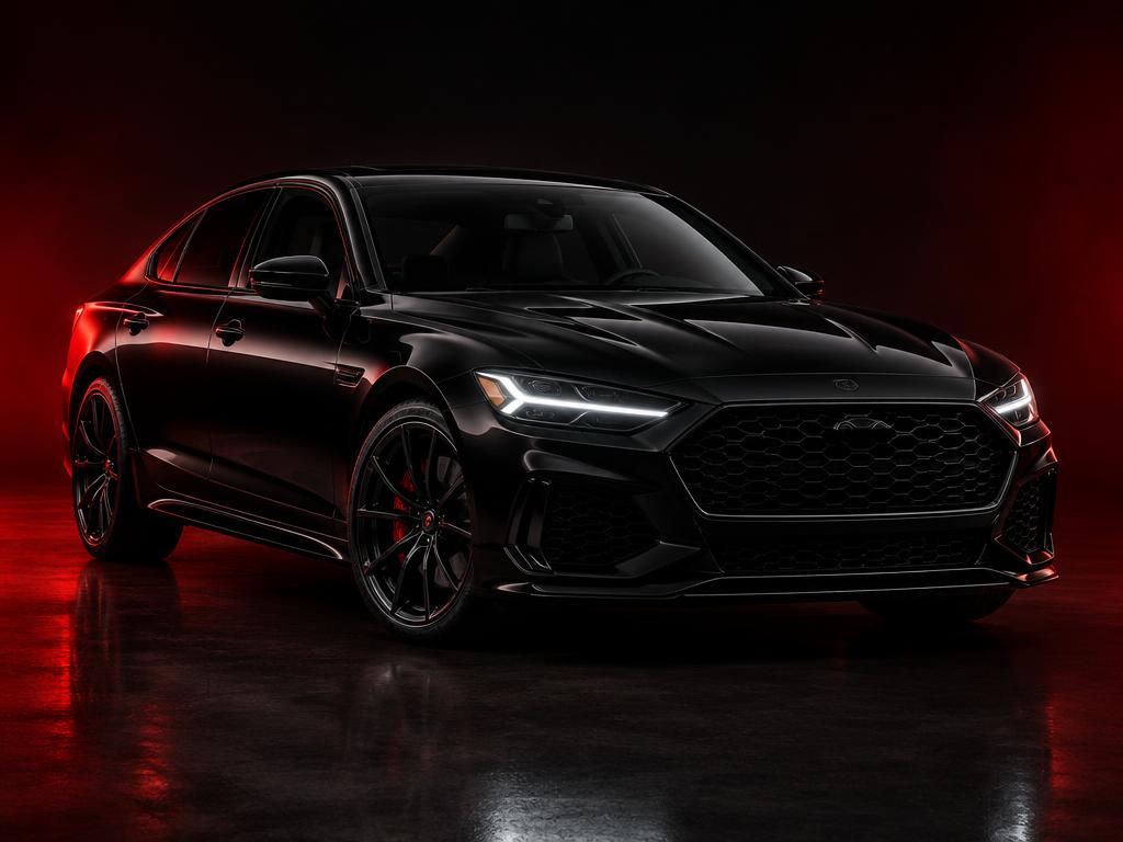 Illustrative black four-door performance sedan in a dark studio