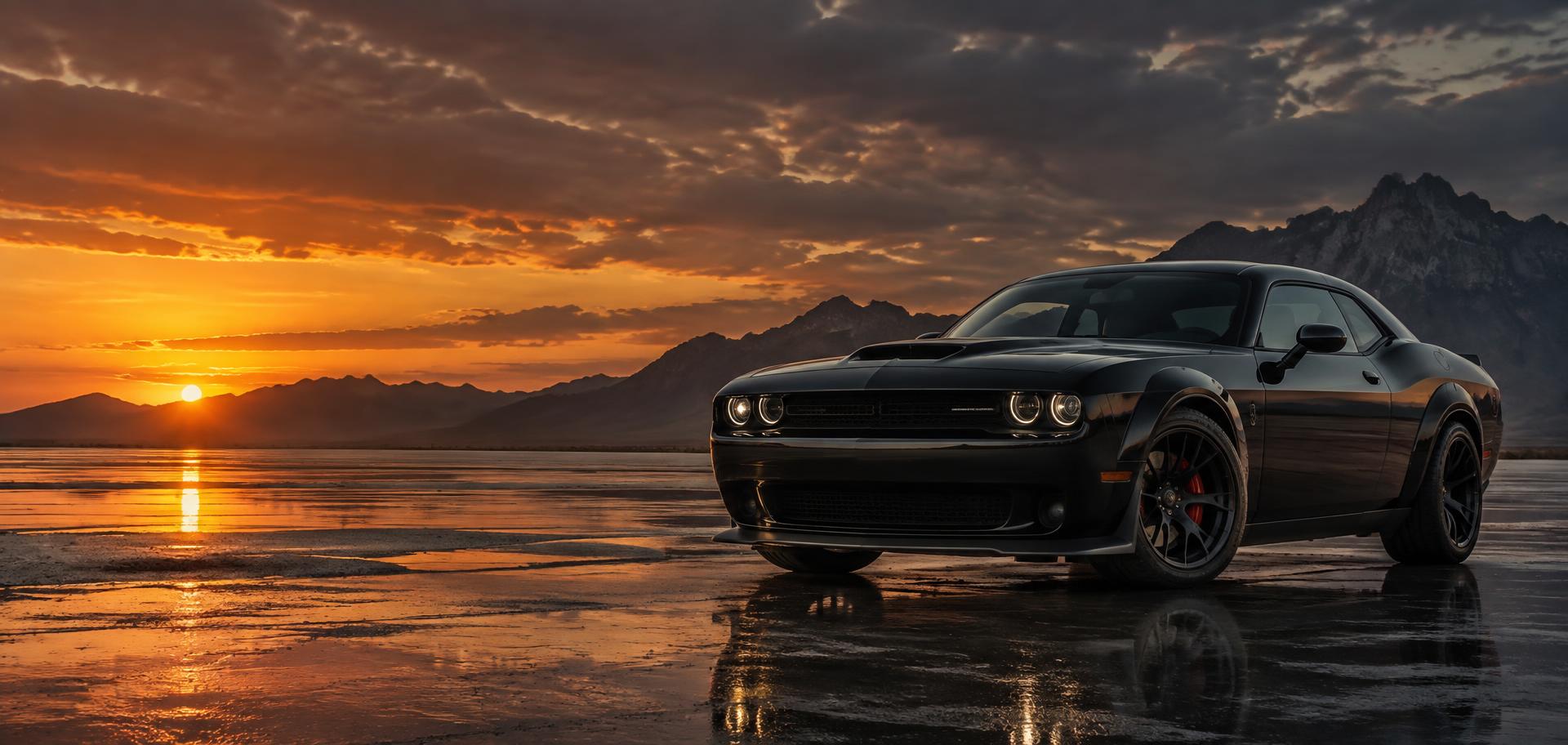 Black performance coupe on reflective desert flats at sunset