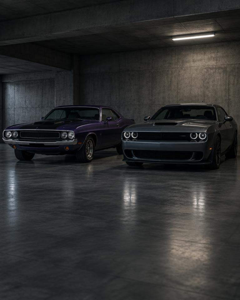 Classic muscle car parked beside its modern successor