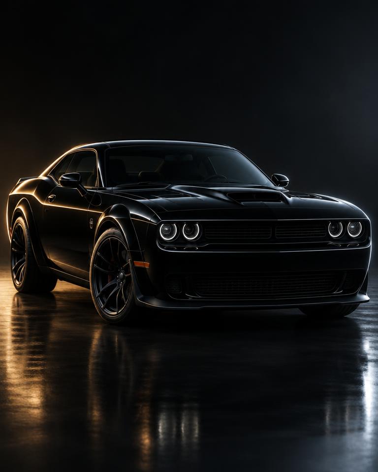 Modern black muscle coupe in a dark studio
