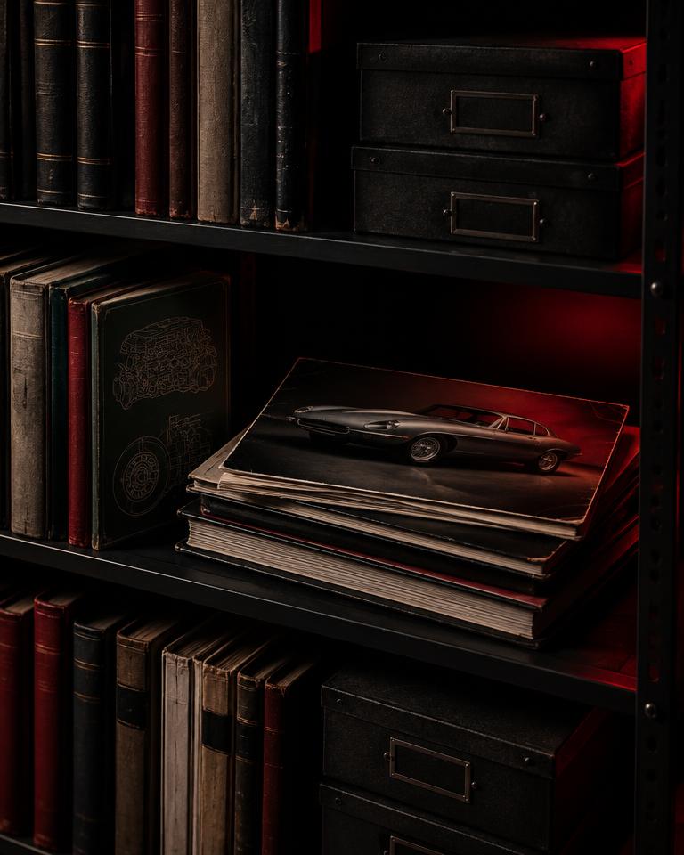 Archive shelf with car manuals and document boxes