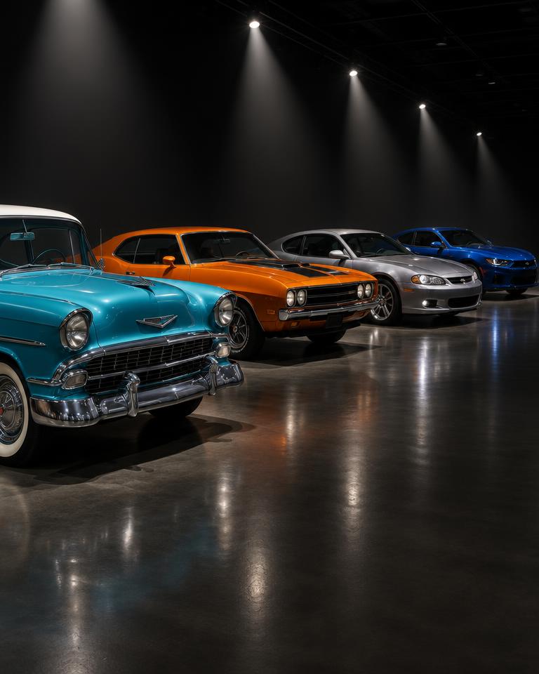 Cars from several decades lined up in an exhibition hall